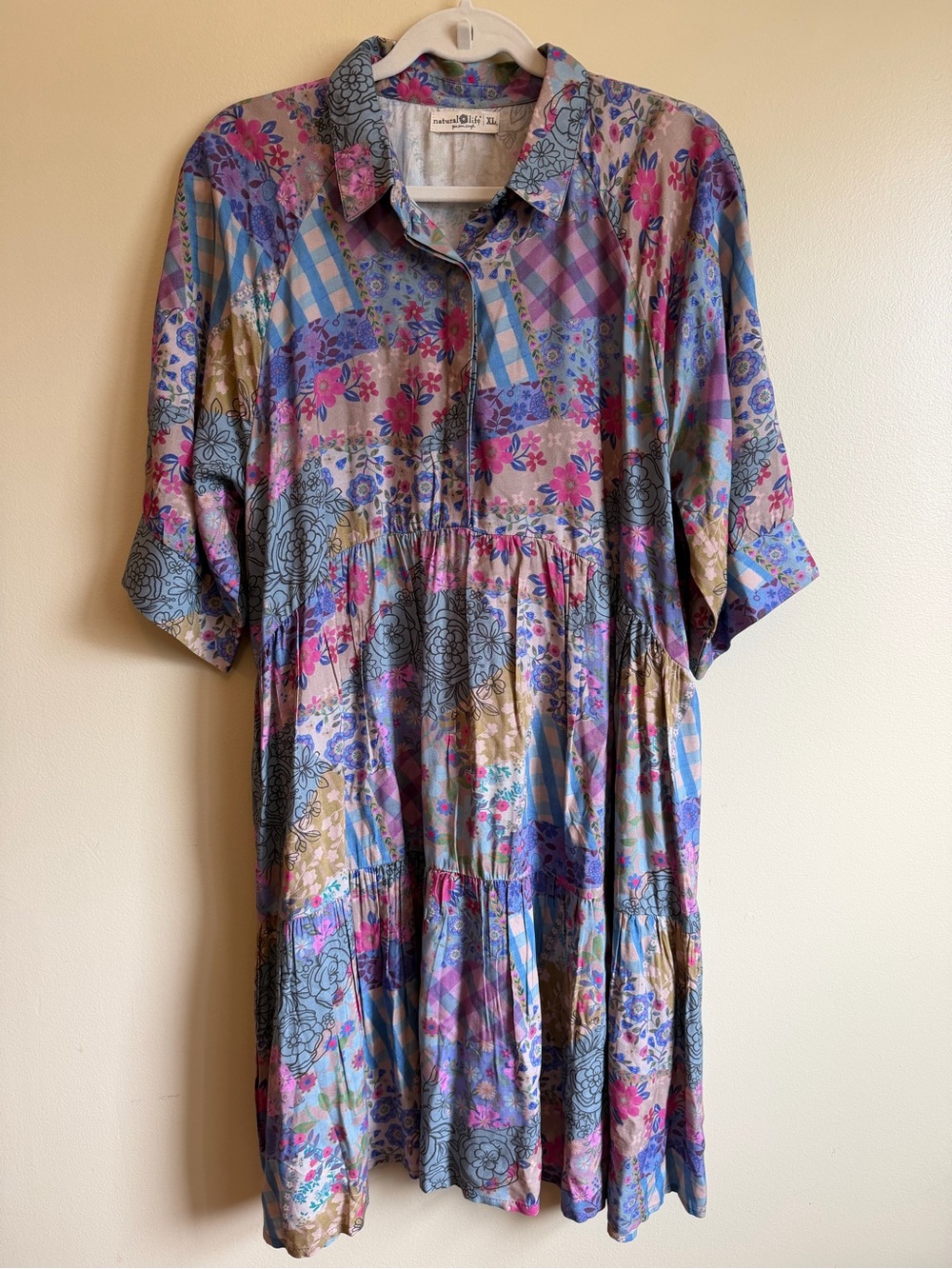 Natural Life Rebecca Midi Dress XL Blue Floral Patchwork Boho Tiered Flowy